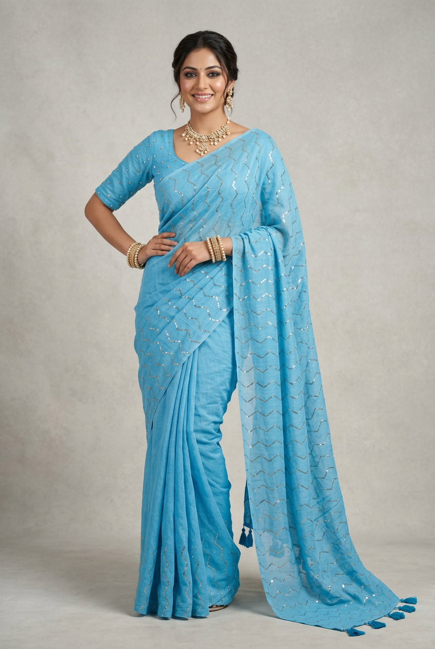 Blue Mul Cotton Saree with zigzag Sequence