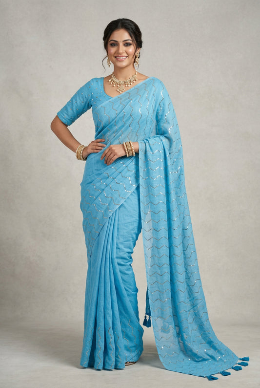 Blue Mul Cotton Saree with zigzag Sequence