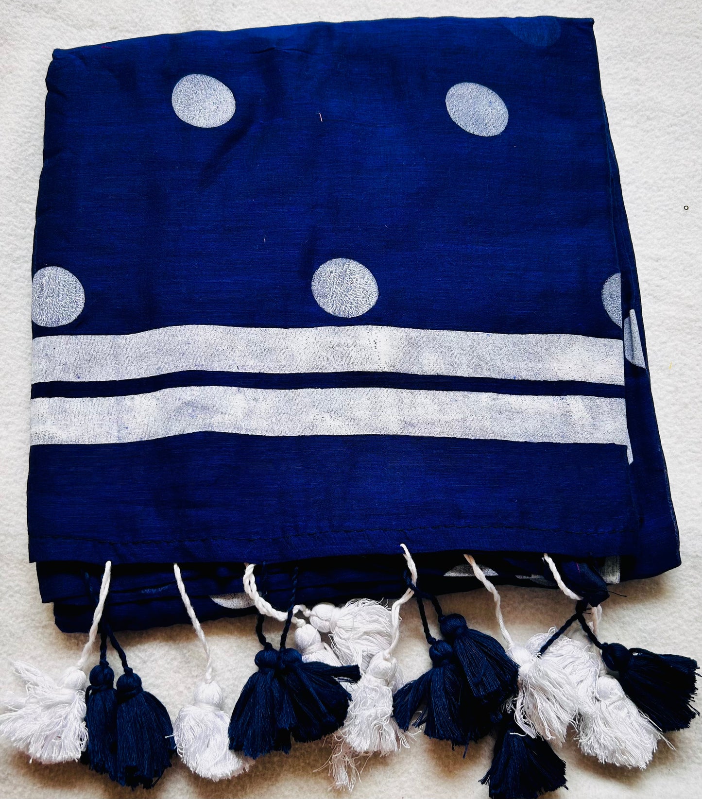 Blue mul cotton with whit polka dots saree