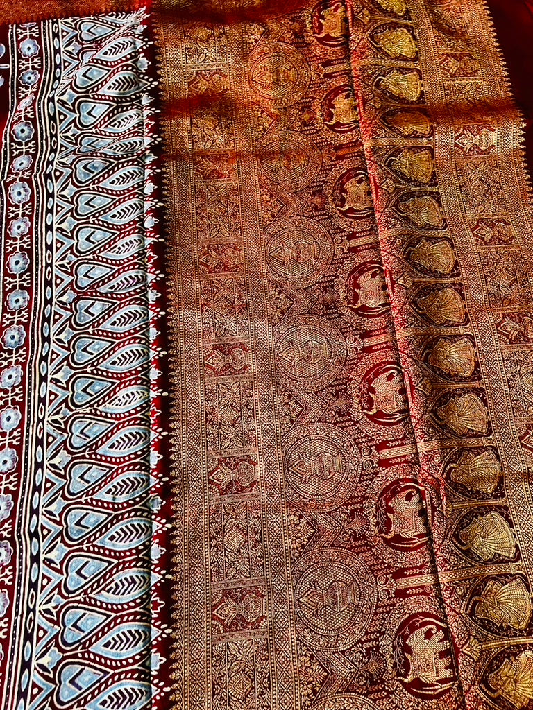 Blue Ajrak Badam buti Dola Silk Saree