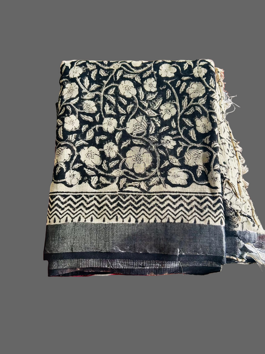 Black and beige floral print handblock printed linen saree