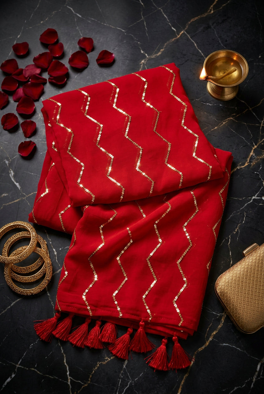 Red Mul Cotton Saree with zigzag Sequence