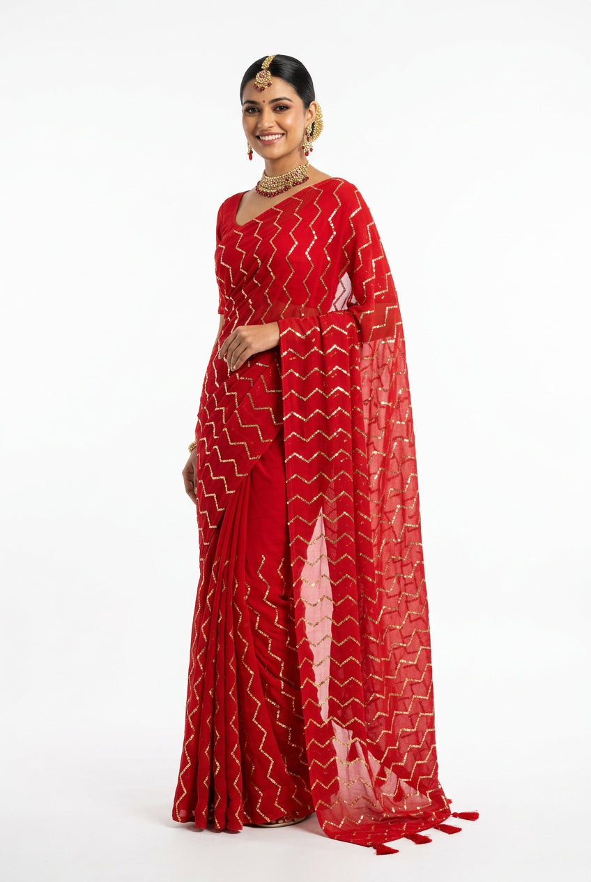 Red Mul Cotton Saree with zigzag Sequence