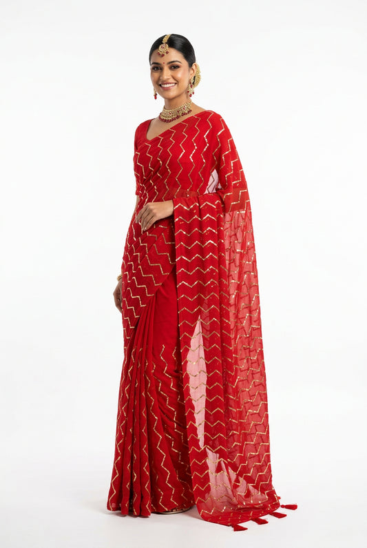 Red Mul Cotton Saree with zigzag Sequence