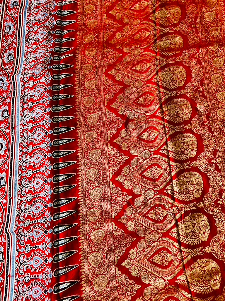 Red  Ajrak Dola Silk Saree