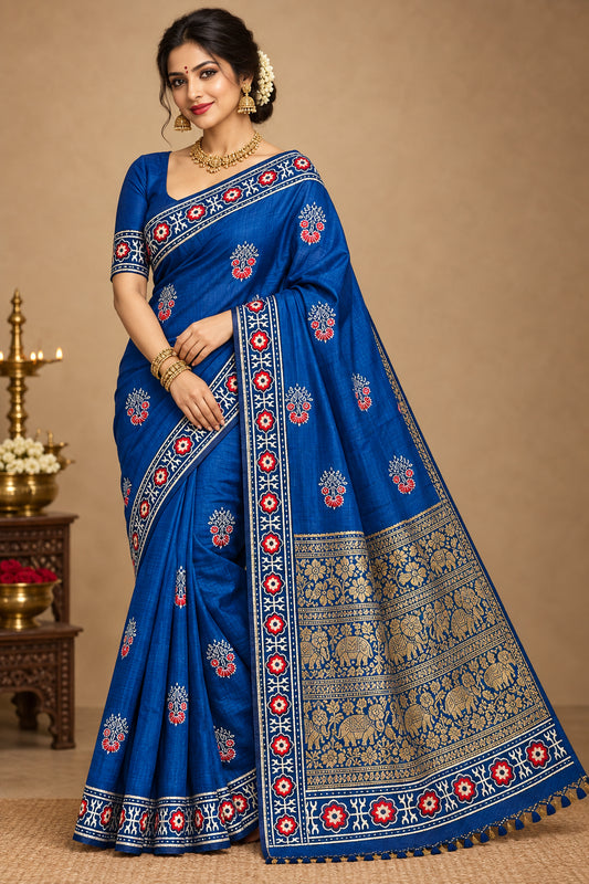 Blue Ajrak Dola Silk Saree