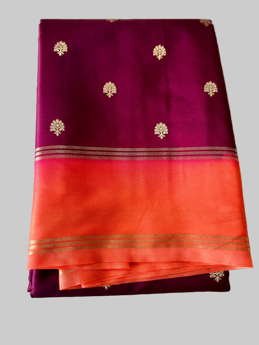 Wine Gajji Semi Silk Saree with line and buti with contrast border