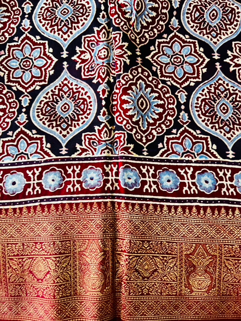 Blue Ajrak Badam buti Dola Silk Saree
