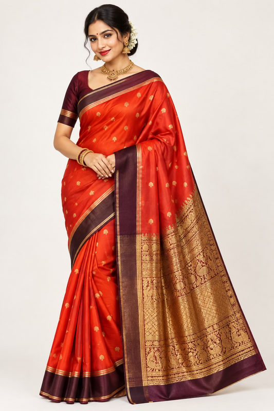 Orange  Gajji Semi Silk Saree with line and buti with brown contrast border
