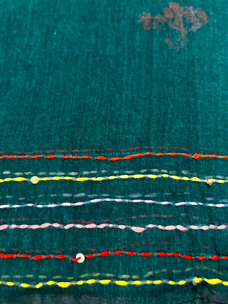 Green Mul Cotton Hand Embroidered Saree