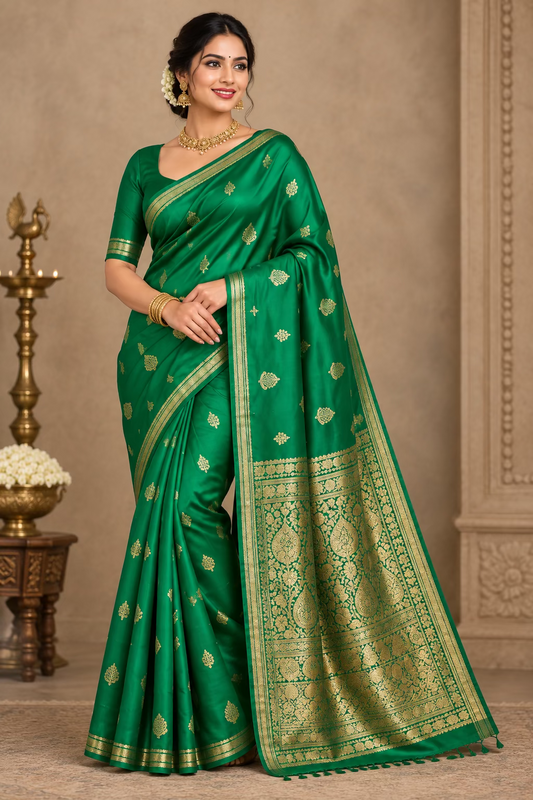 Green Gajji Silk Semi Silk Saree with line and buti