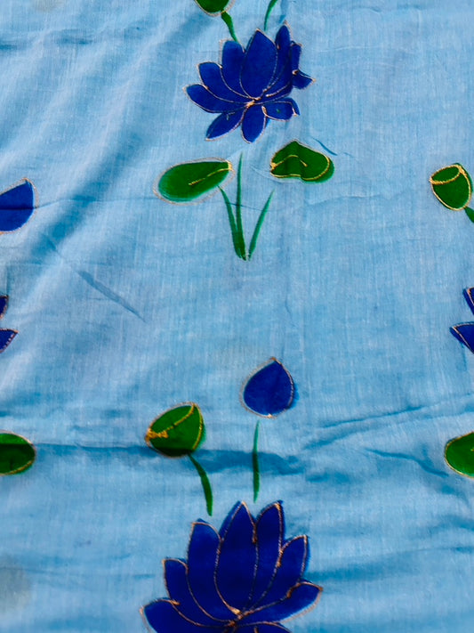Blue  Mul Cotton Hand Painted Lotus Print Saree