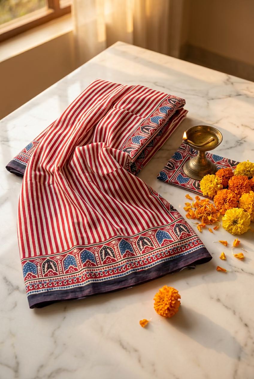 Beige and red stripe Modal Silk Saree