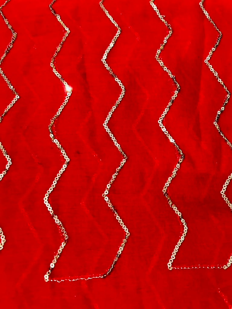 Red Mul Cotton Saree with zigzag Sequence