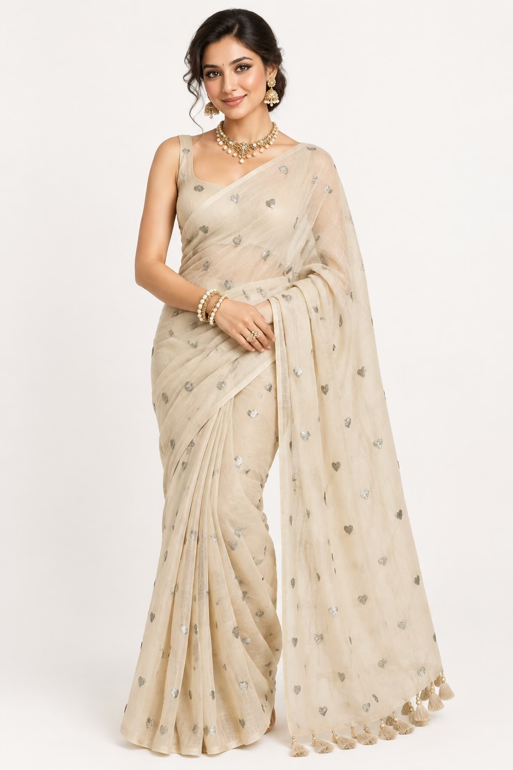 Beige  Mul Cotton Saree with heart Sequence