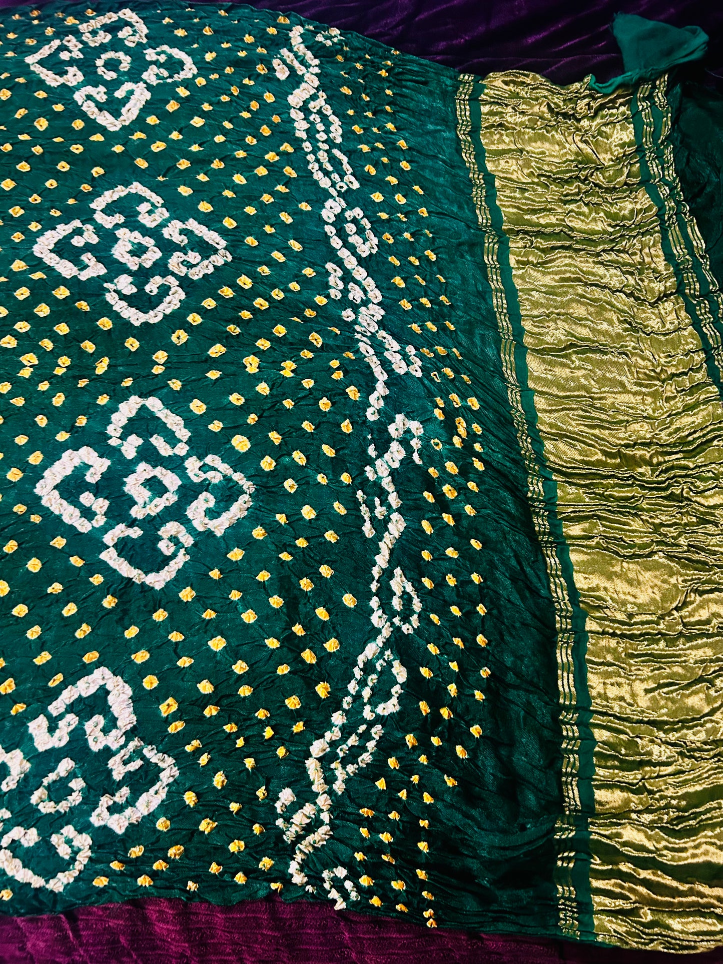 Green Bandhej with Golden Tissue Saree