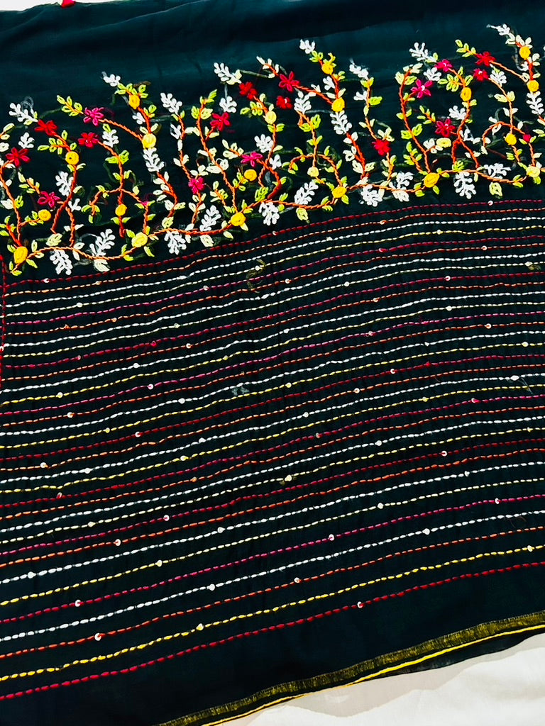 Black Mul Cotton Hand Embroidered Saree