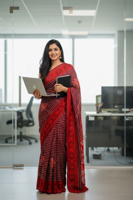 Red hand block printed floral and dot cotton saree