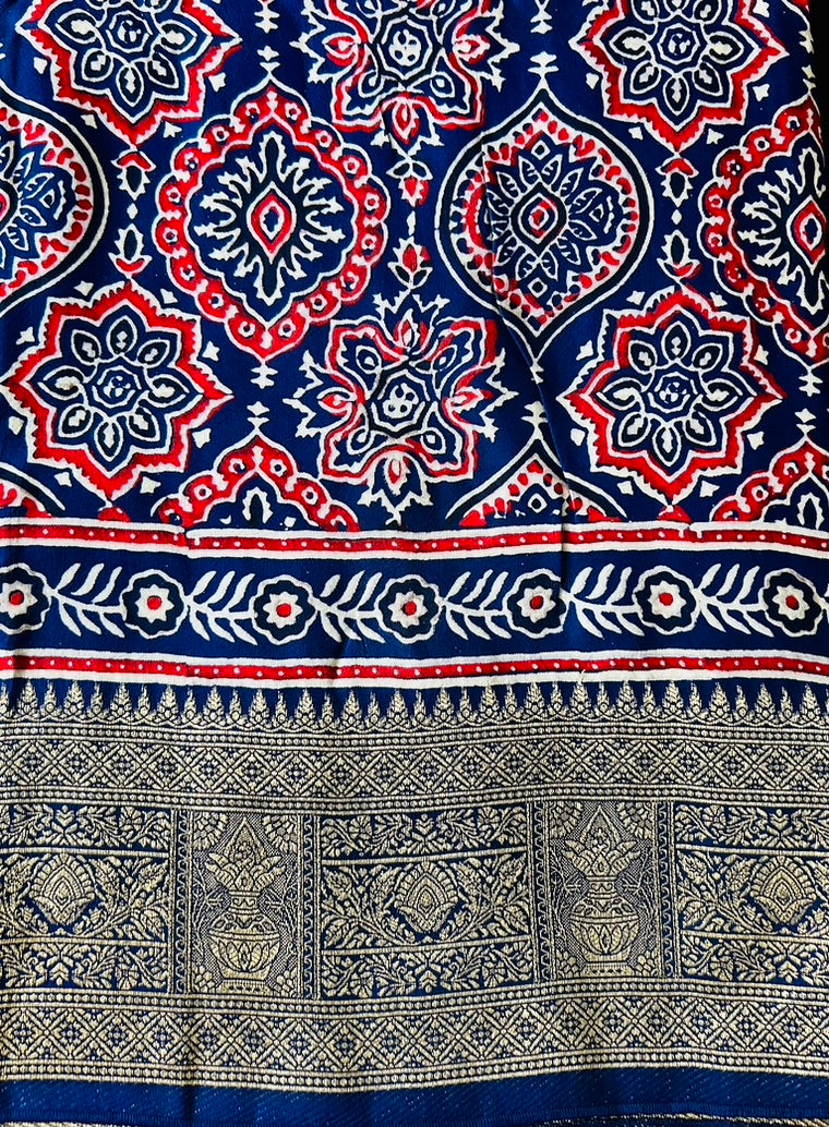 Blue Ajrak Dola Silk Saree