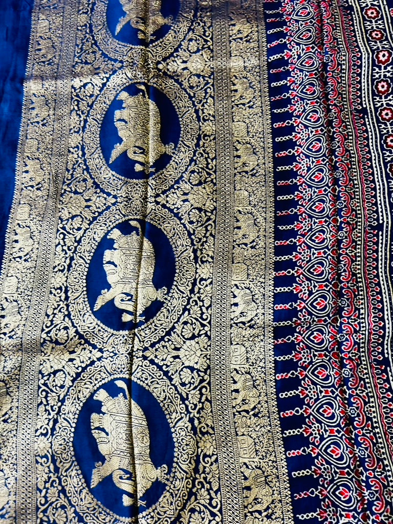 Blue Ajrak Dola Silk Saree