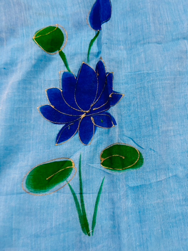 Blue  Mul Cotton Hand Painted Lotus Print Saree