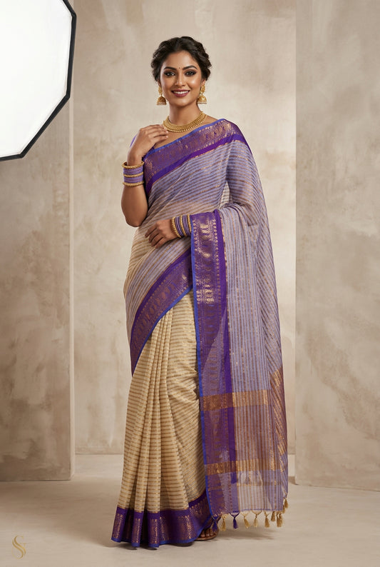 Beige Mul Cotton Kanchi Border Sare Sare