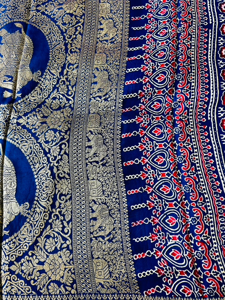 Blue Ajrak Dola Silk Saree
