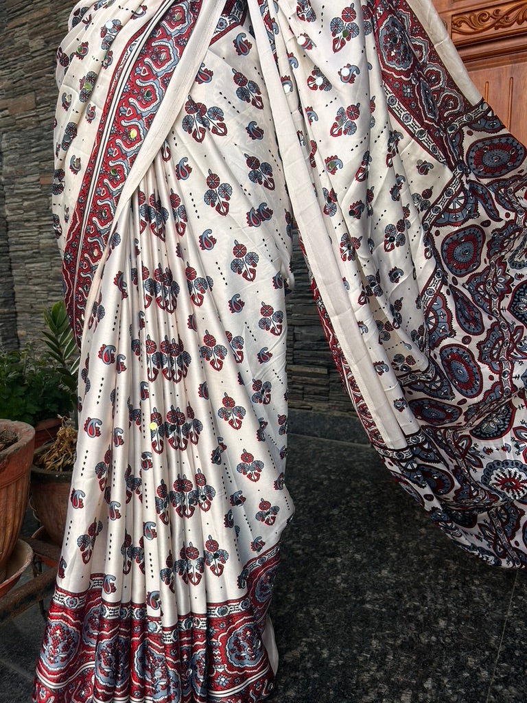 White Modal silk Mirror Sare
