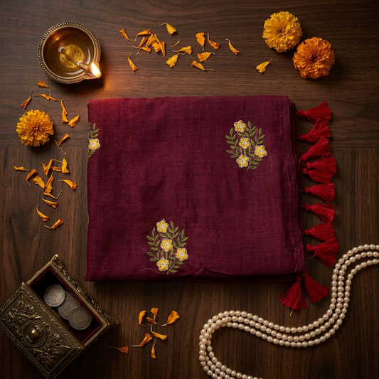 Wine Mul Cotton Saree