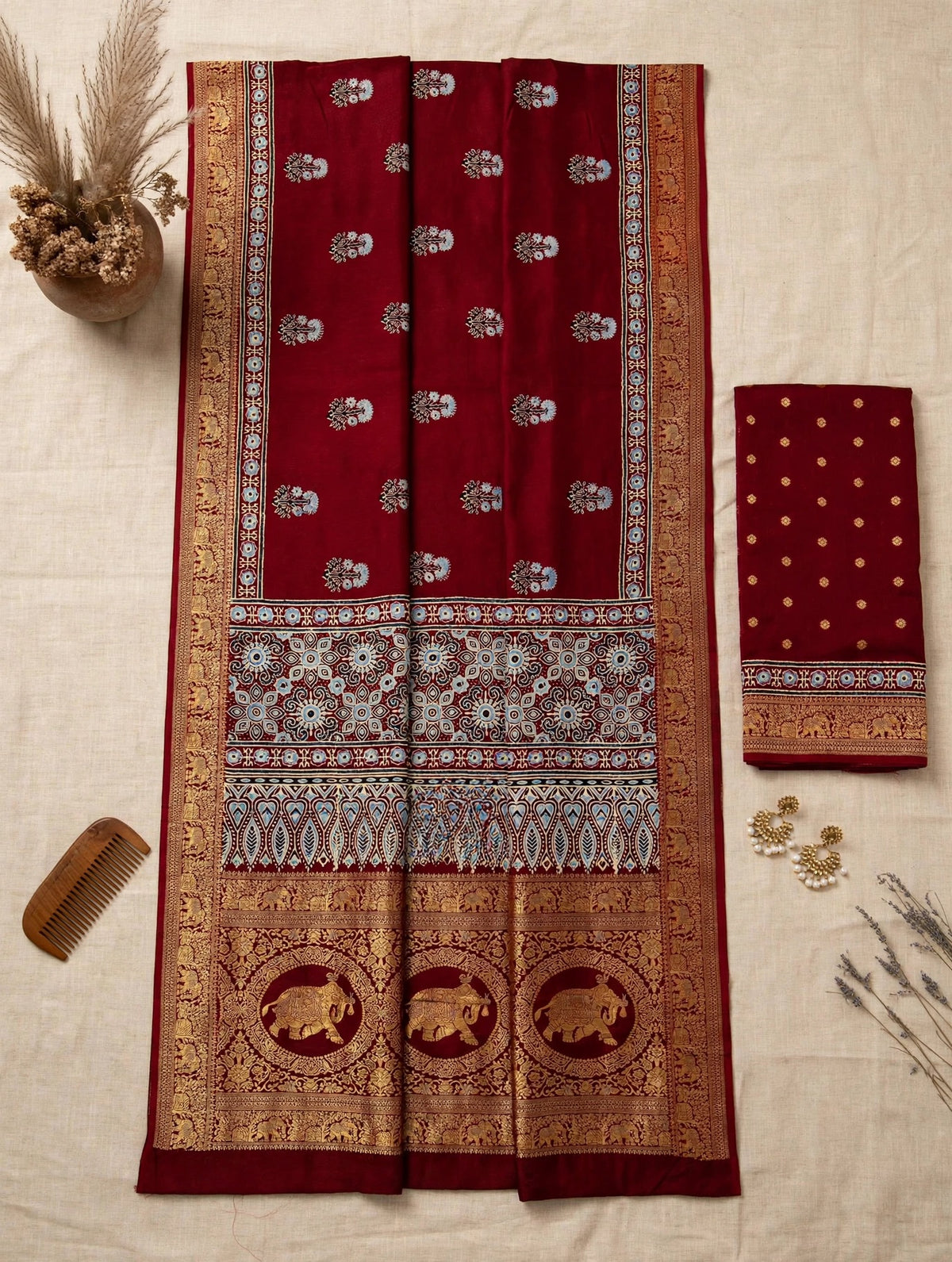 Maroon Ajrak Dola Silk Saree