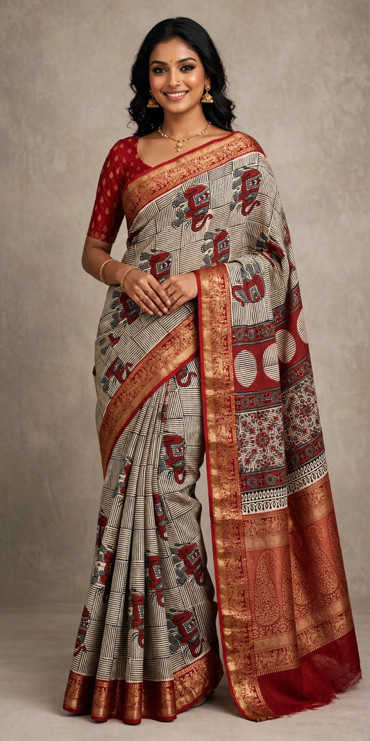 Beige Elephant Ajrak Dola Silk Saree