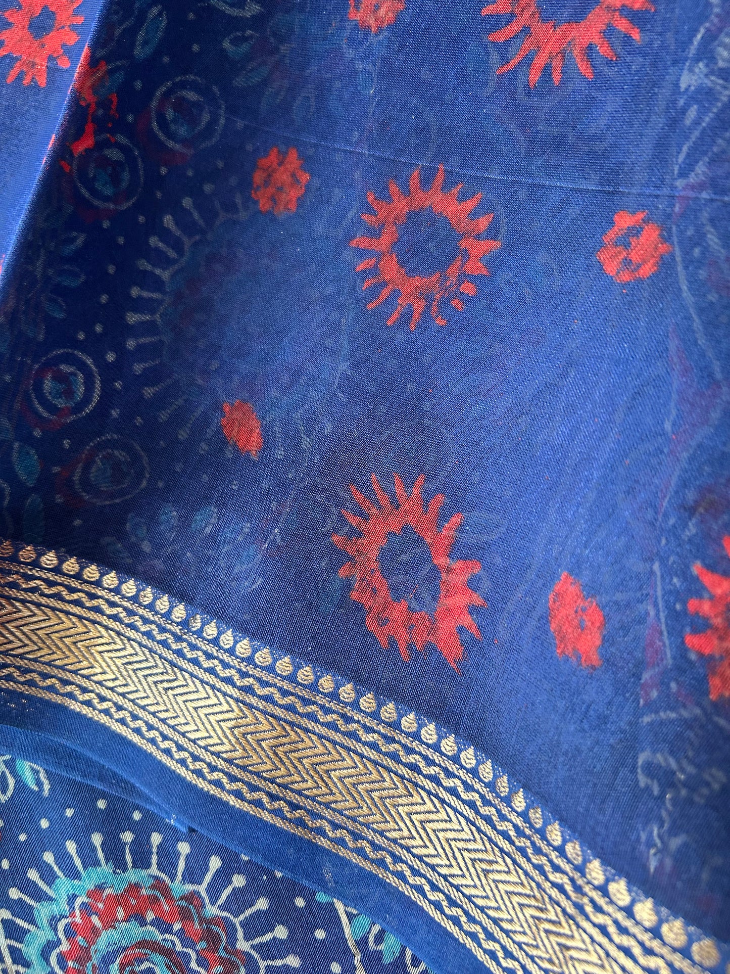 Indigo Maheshwari Handblock Printed Cotton Silk Saree