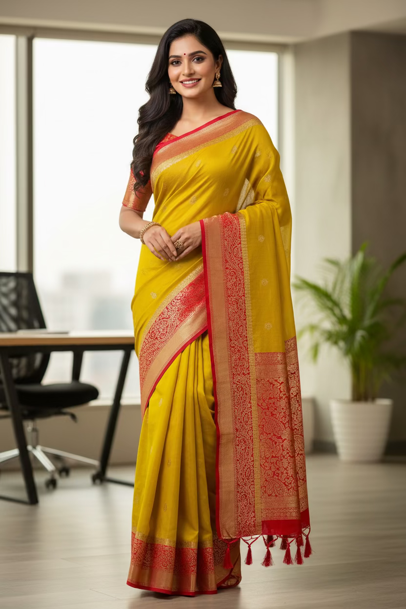 Crush Crape Sare yellow and pink