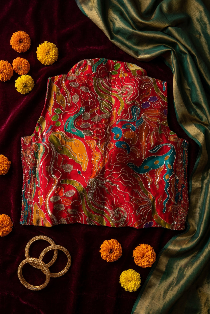 Red Crape Position Print Blouse