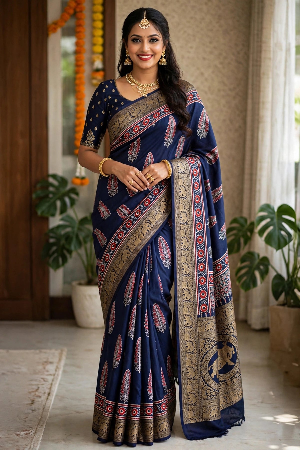 Blue Ajrak Dola Silk Saree