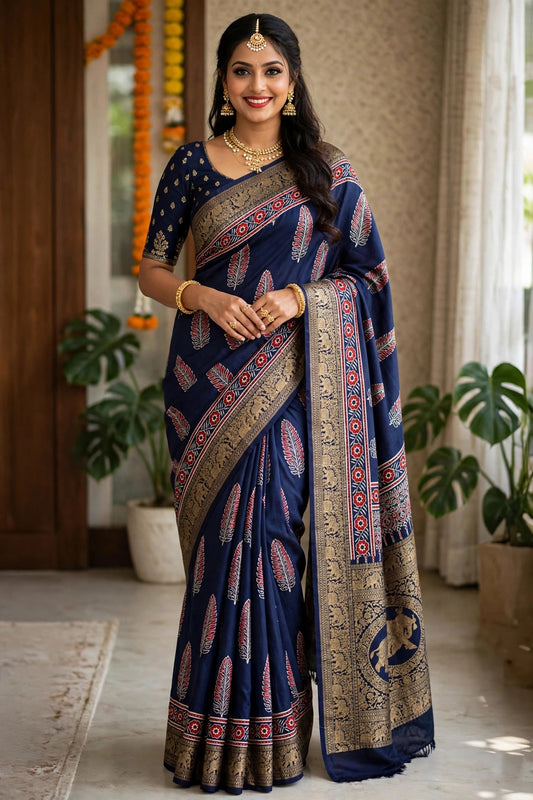 Blue Ajrak Dola Silk Saree