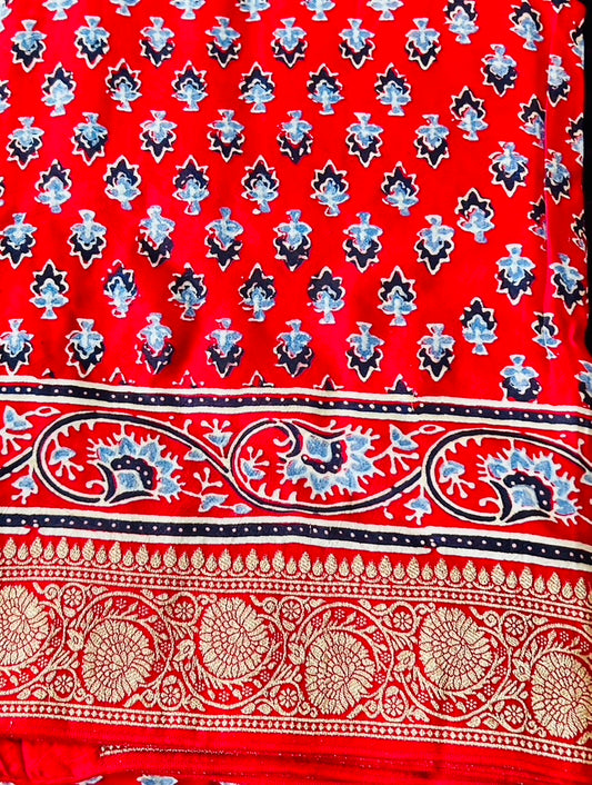 Red  Ajrak Dola Silk Saree