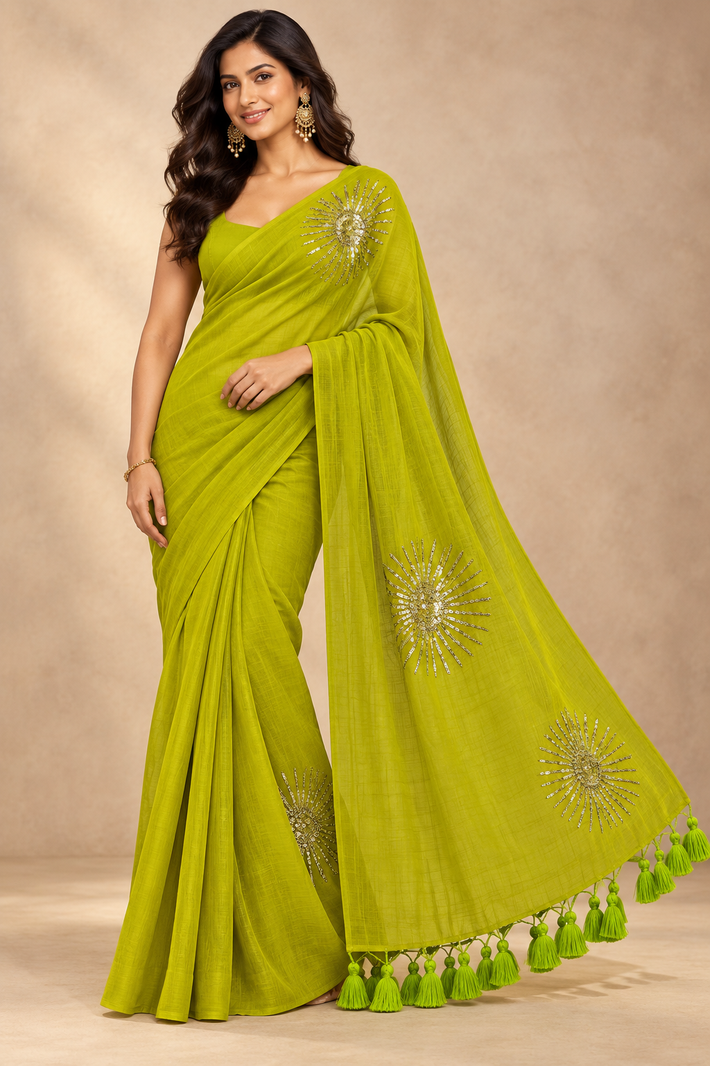 Green Mul Cotton Sare with Sequence Motive