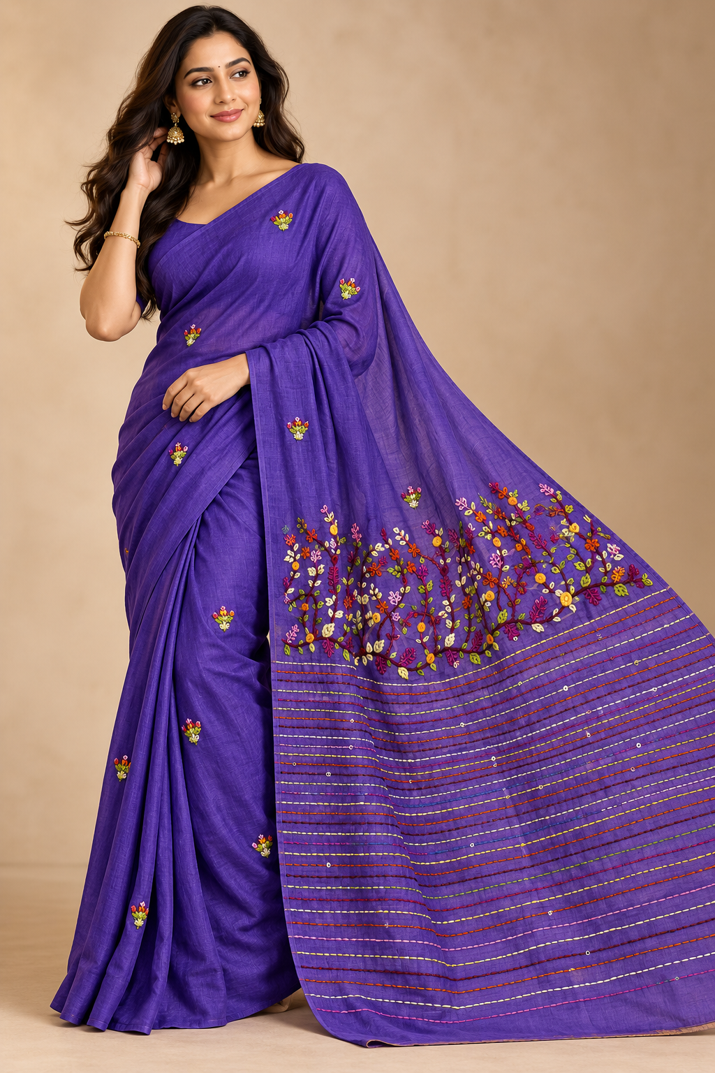 Lavender Mul Cotton Hand Embroidered Saree