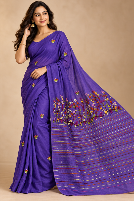Lavender Mul Cotton Hand Embroidered Saree