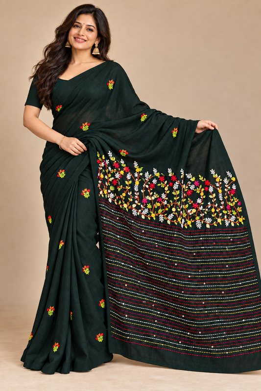 Black Mul Cotton Hand Embroidered Saree