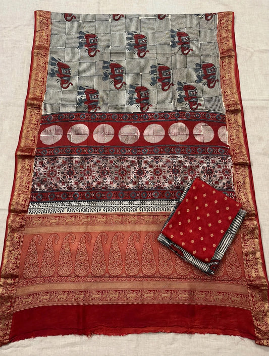Beige Elephant Ajrak Dola Silk Saree