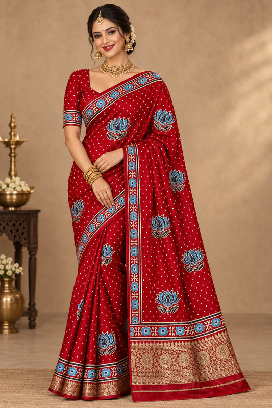 Red  Ajrak Dola Silk Sare