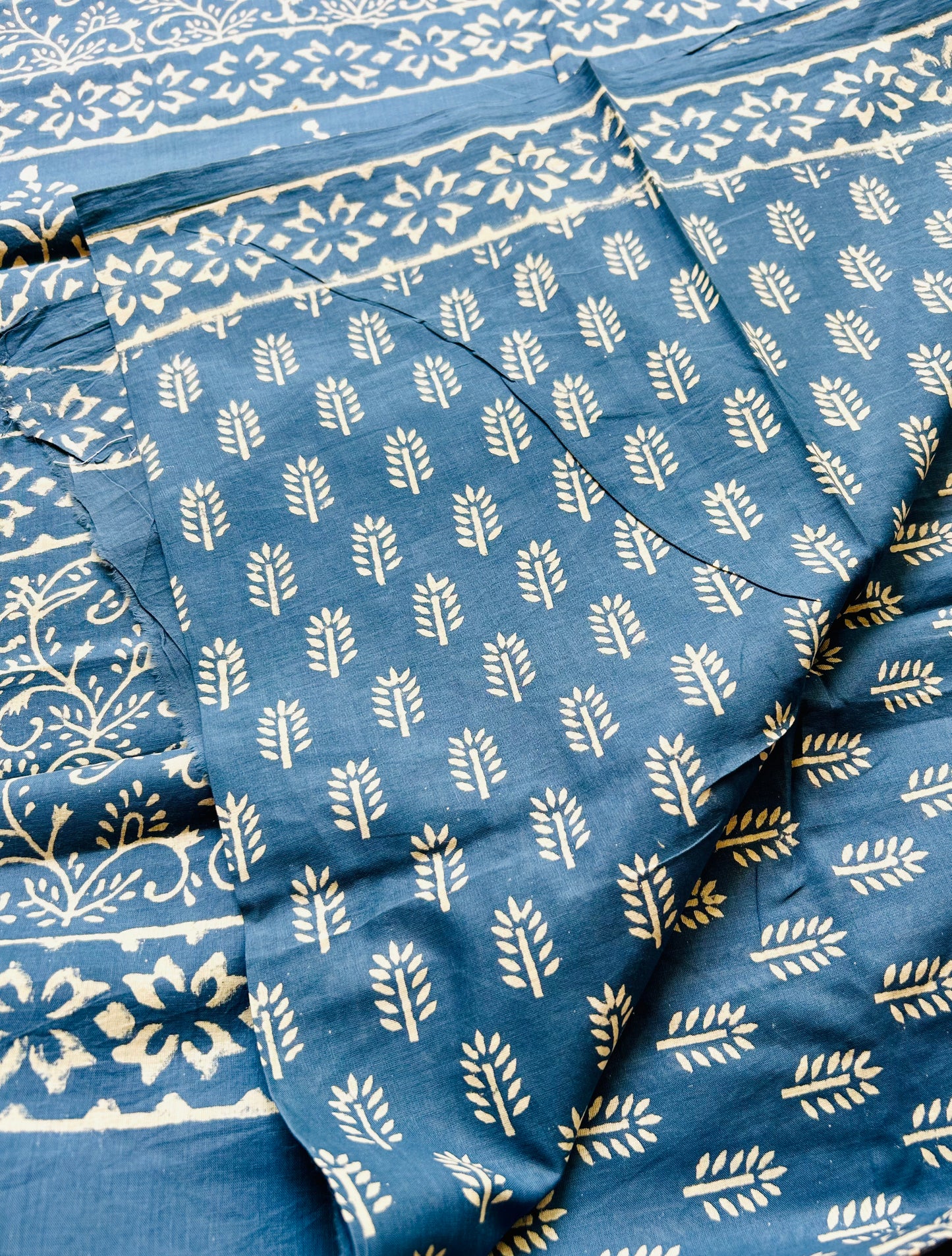 Inigo and white cotton hand block printed saree