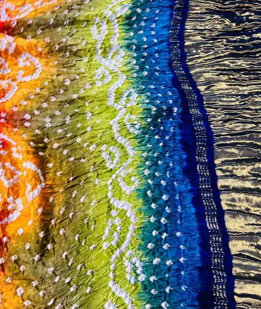 Blue Bandhej Saree with Golden Tissue Multi colour Pallu