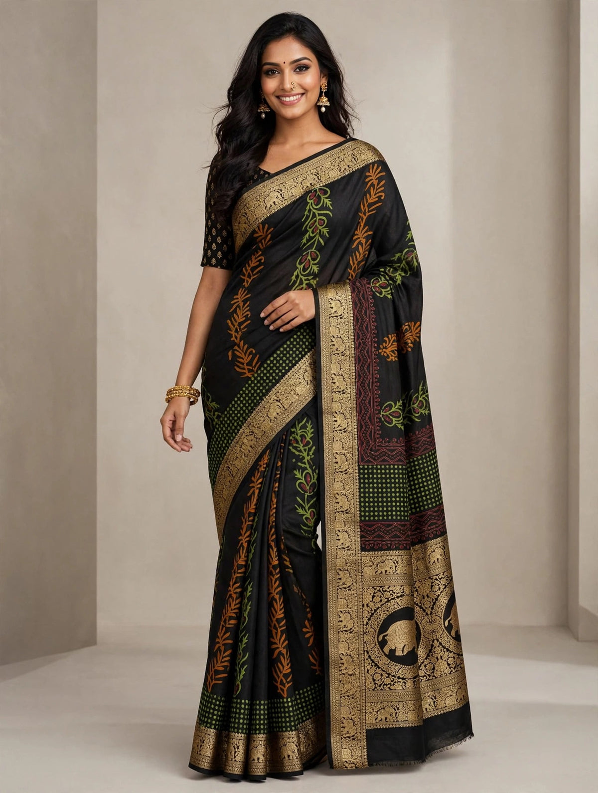 Blue Ajrak Dola Silk Saree