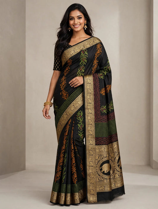 Blue Ajrak Dola Silk Saree