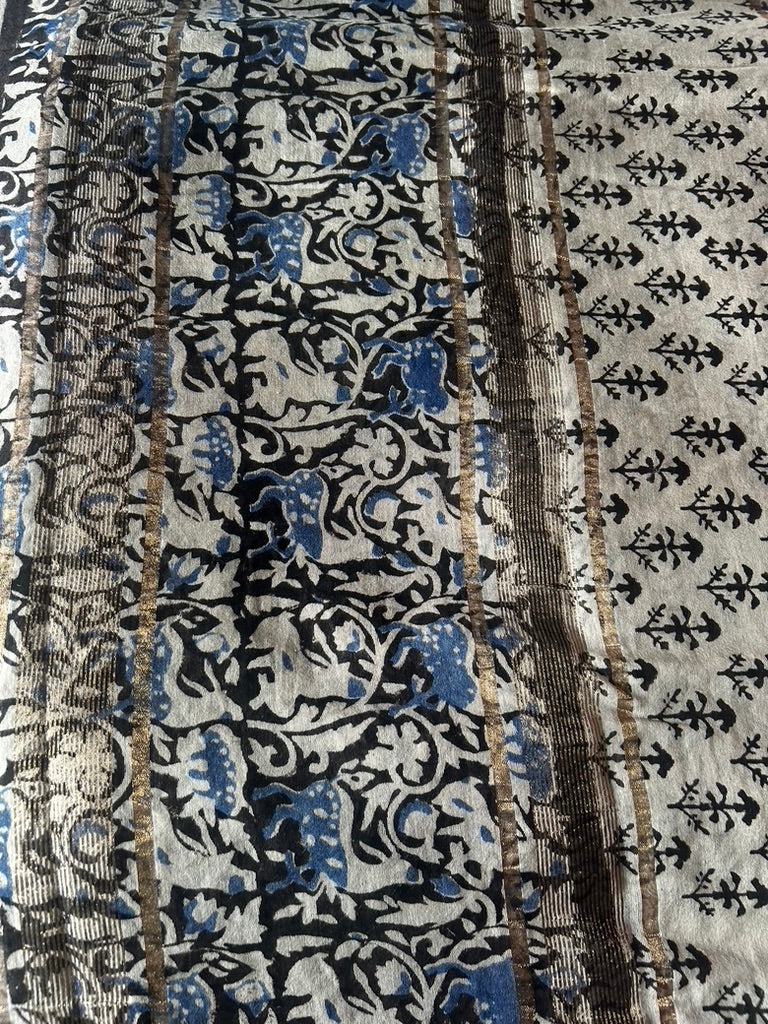 Indigo Maheshwari Handblock Printed Cotton Silk Saree
