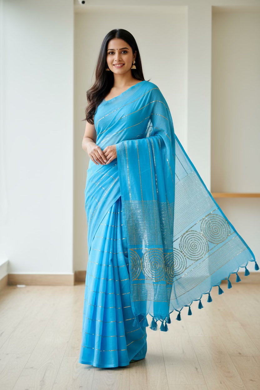 Blue sequenced mul cotton saree