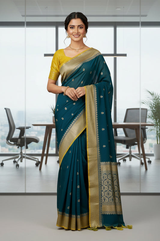 crush crape sare Teal and mehandi green